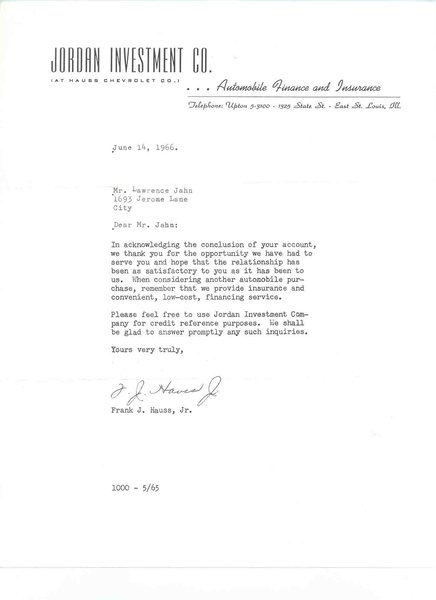 Letter from Jordan Investment thanking for financing my Corvair 1966