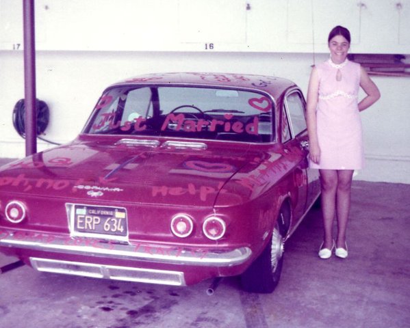 Earlier, back in Thousand Oaks, CA with our 1962 Monza.  We were newlyweds, and the Monza was still covered with poster paint from our April 1, 1972 wedding.