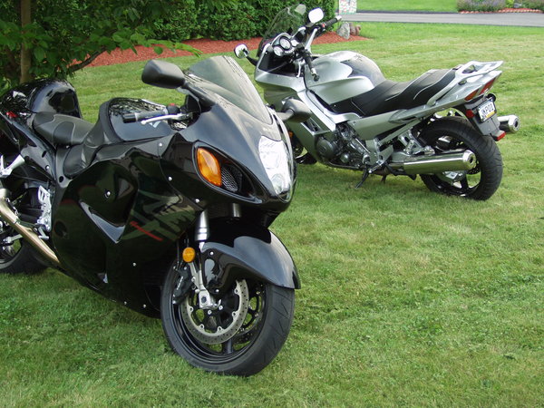 My two motorcycles - a Suzuki Hayabusa and a Yamaha FJR1300 sport-touring bike.  The silver Yamaha on the right is the bike I would take on our cross-country run.