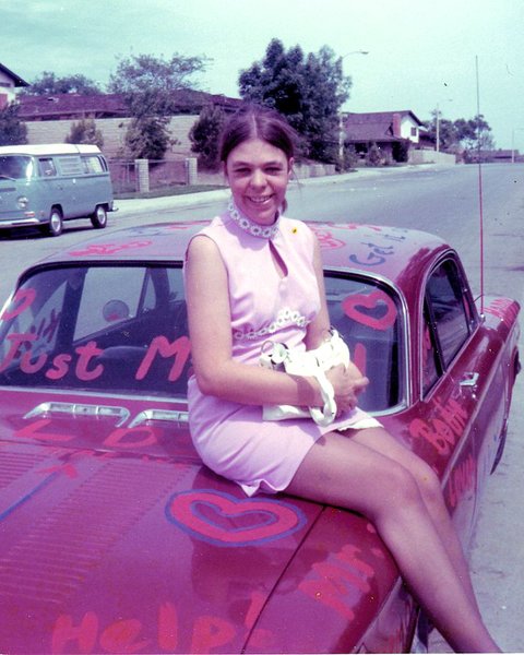 Newlywed Tracy Bodie &amp; our 1962 Monza coupe -- just after our wedding day in April 1972 -- Thousand Oaks, California