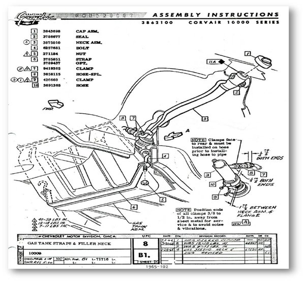 1965-1969 Corvair Fuel Tank Straps and Filler Neck Detail Diagram