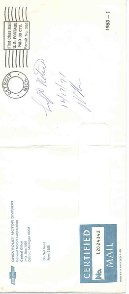 Certified Envelope for  letter from Chevrolet