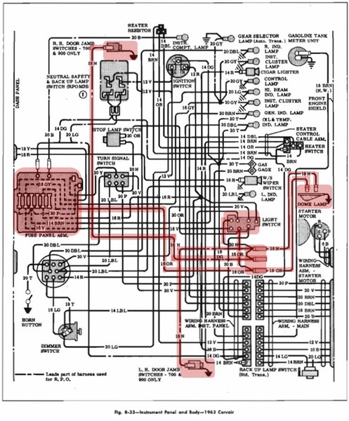 1963 Corvair Instrument Panel and Body Wiring Diagram (Dome Light Circuit)