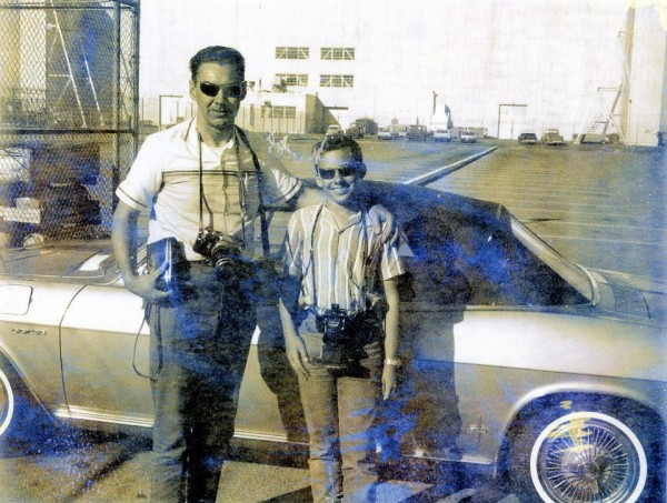Warren Bodie and son Brad in 1965 with our 1965 Corvair Corsa convertible at Edwards AFB, CA