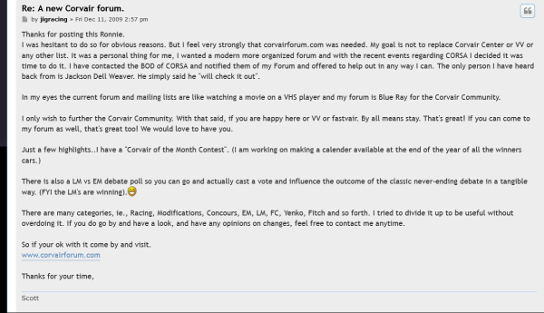 A reply from Scott H with Thanks and his reasons for the New Forum at the time.